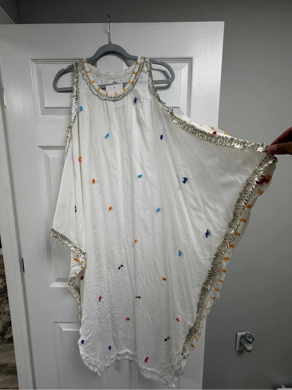 Women's White Embroidered Swim Coverup with Metallic Trim